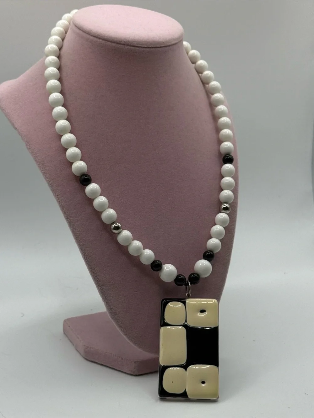 White and Black abstract Beaded Pendant Necklace
